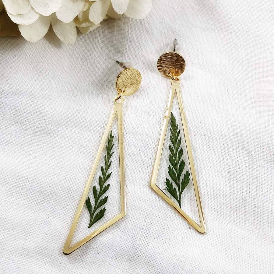 Triangle Geometric Preserved Fern Post Earrings