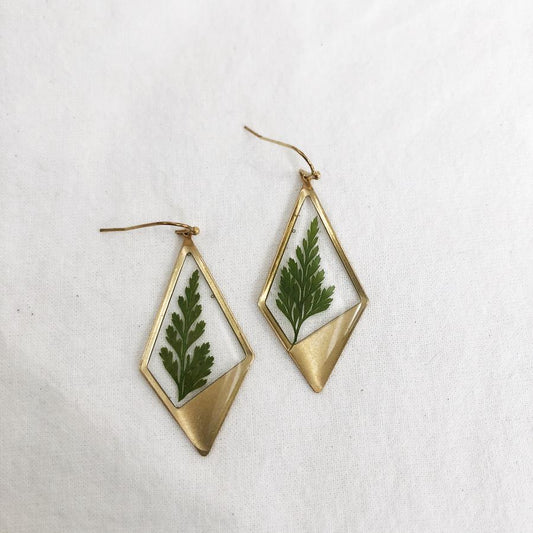 Brass Diamond Earrings (Preserved Ferns)