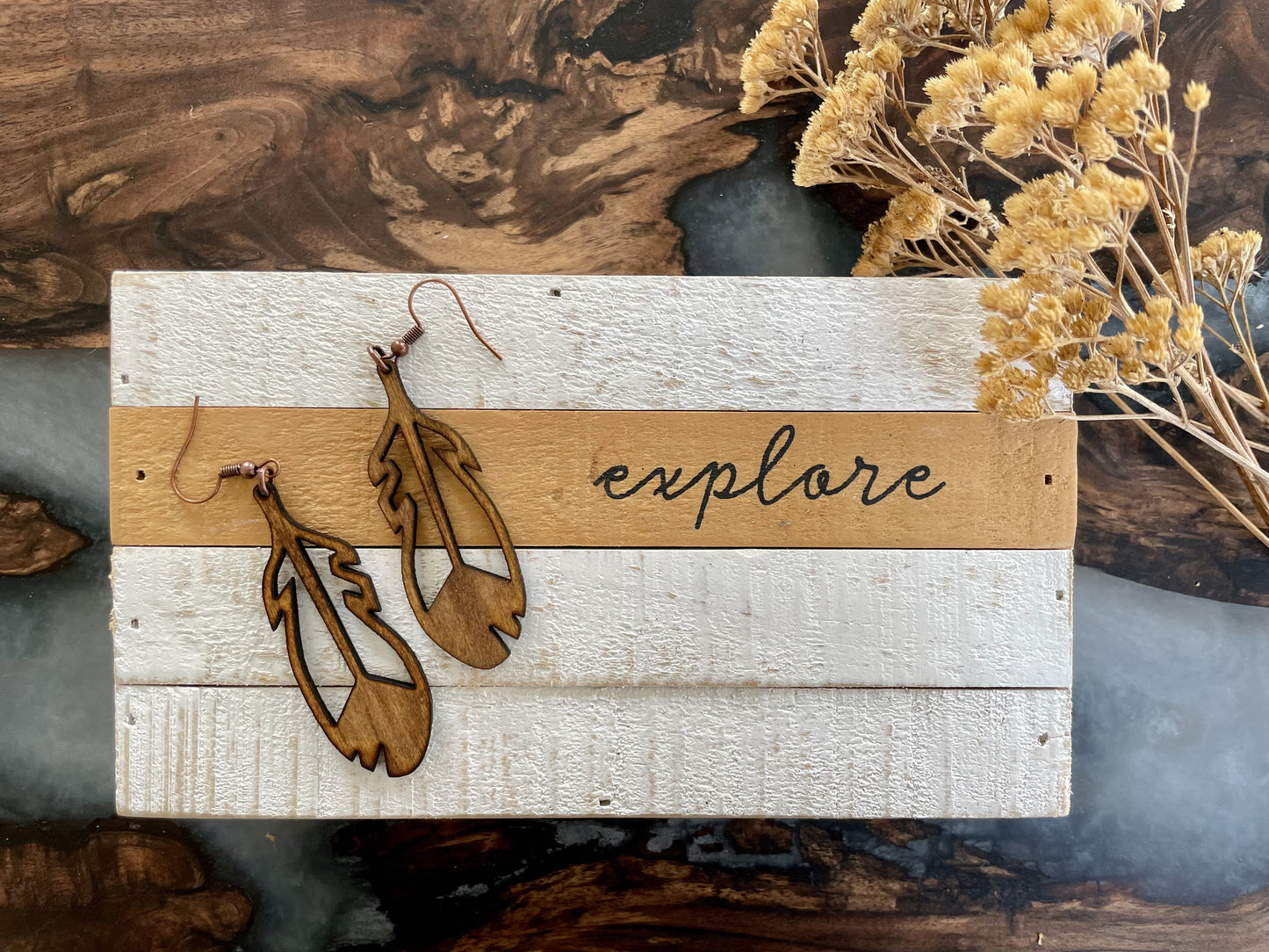 Eagle feather wooden earrings