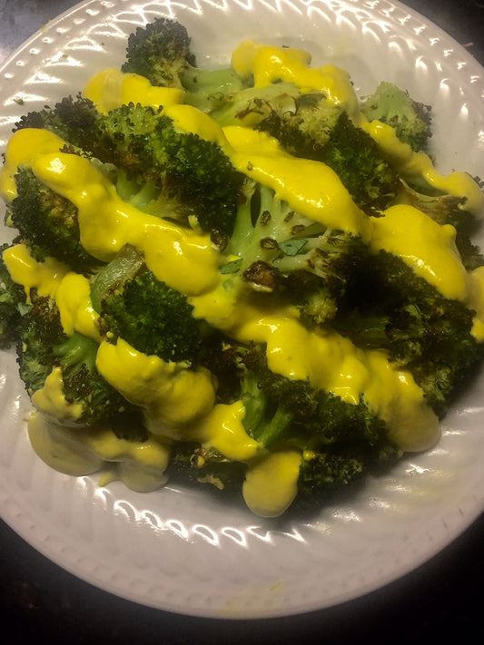 Electric Roots –  Cheddar style Cashew Cheezy Sauce with Roasted Broccoli