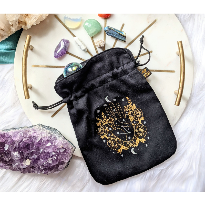 Black Tarot Pouch - Gold Moon, Stars, Palmistry Design